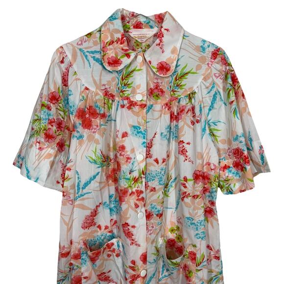 Vintage 70s Sears The Comfort Coat Floral House Dress Medium White Pink Cottage - Picture 2 of 5